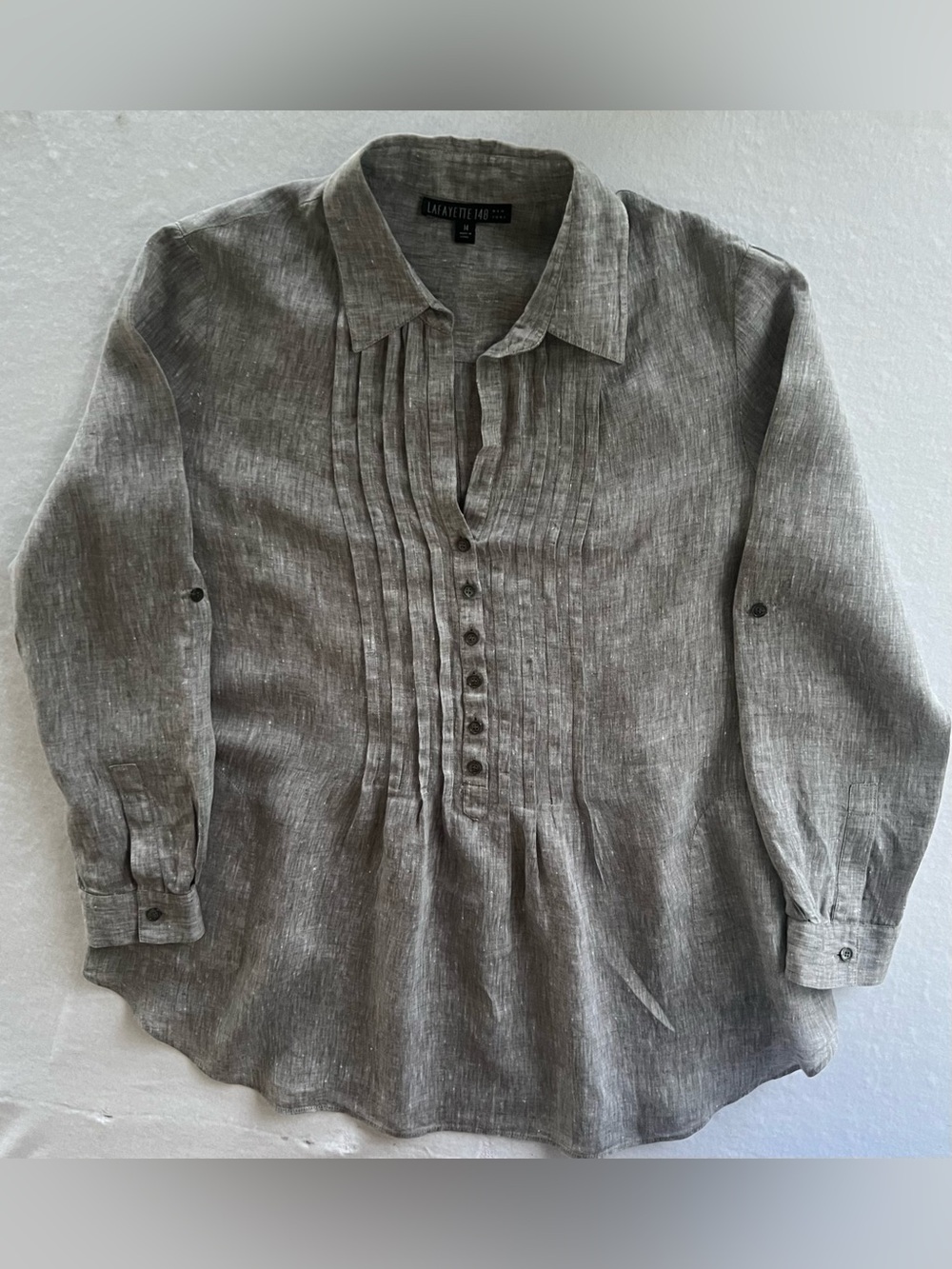 Lafayette 148 New York Woman’s Gray 100% Linen Tunic Top, Size 14, Pockets, EUC.